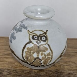 Signed Paskal Vintage Studio Pottery Ceramic Small Bud Vase With Owl and Trees